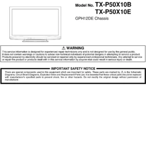 Panasonic tx p50x10b tx p50x10e service manual cover with photo of the television, TV type, chassis code, model code, creation date and document number