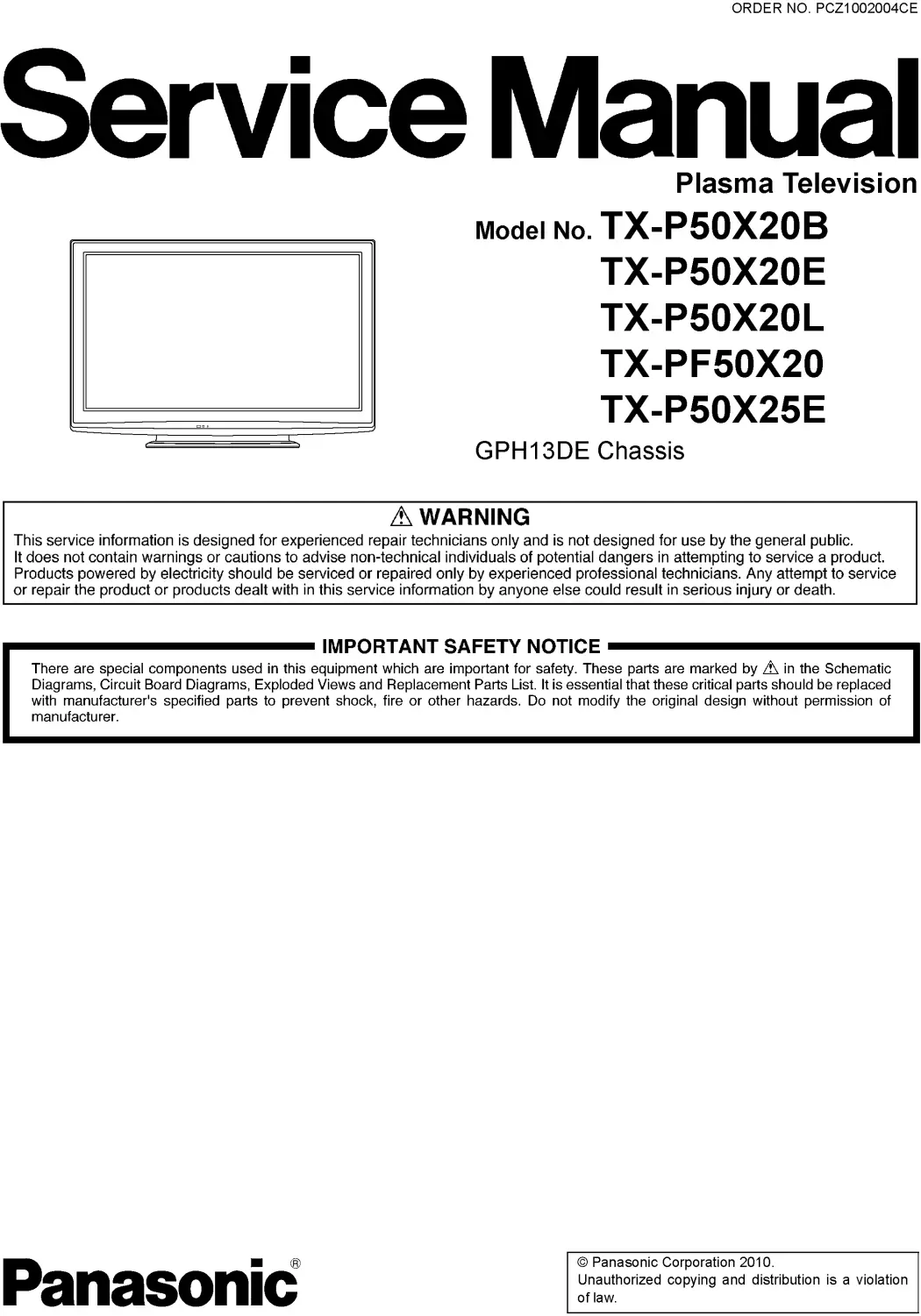 Panasonic tx p50x20b p50x20e p50x20l service manual cover with photo of the television, TV type, chassis code, model code, creation date and document number
