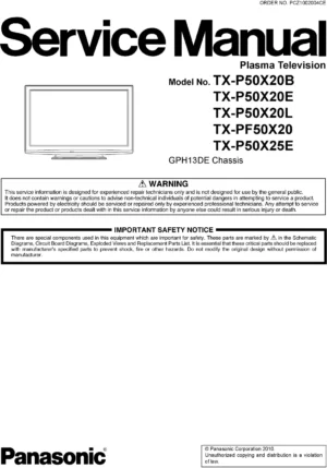 Panasonic tx p50x25e service manual cover with photo of the television, TV type, chassis code, model code, creation date and document number