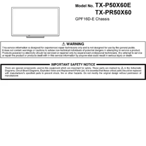 Panasonic tx p50x60e service manual cover with photo of the television, TV type, chassis code, model code, creation date and document number