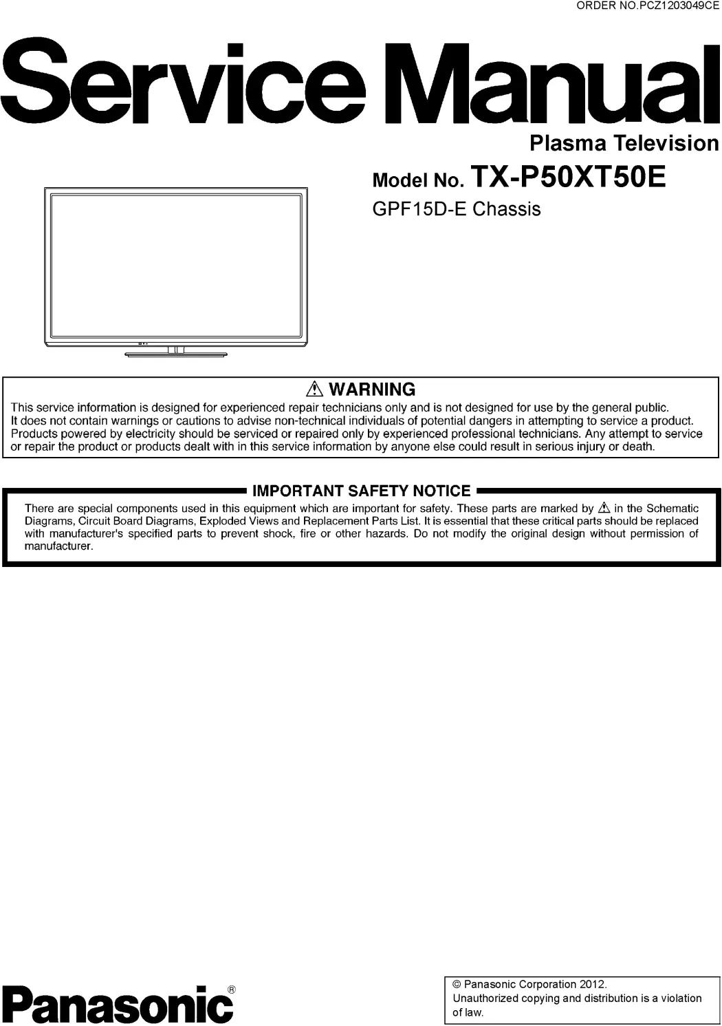 Panasonic tx p50xt50e service manual cover with photo of the television, TV type, chassis code, model code, creation date and document number
