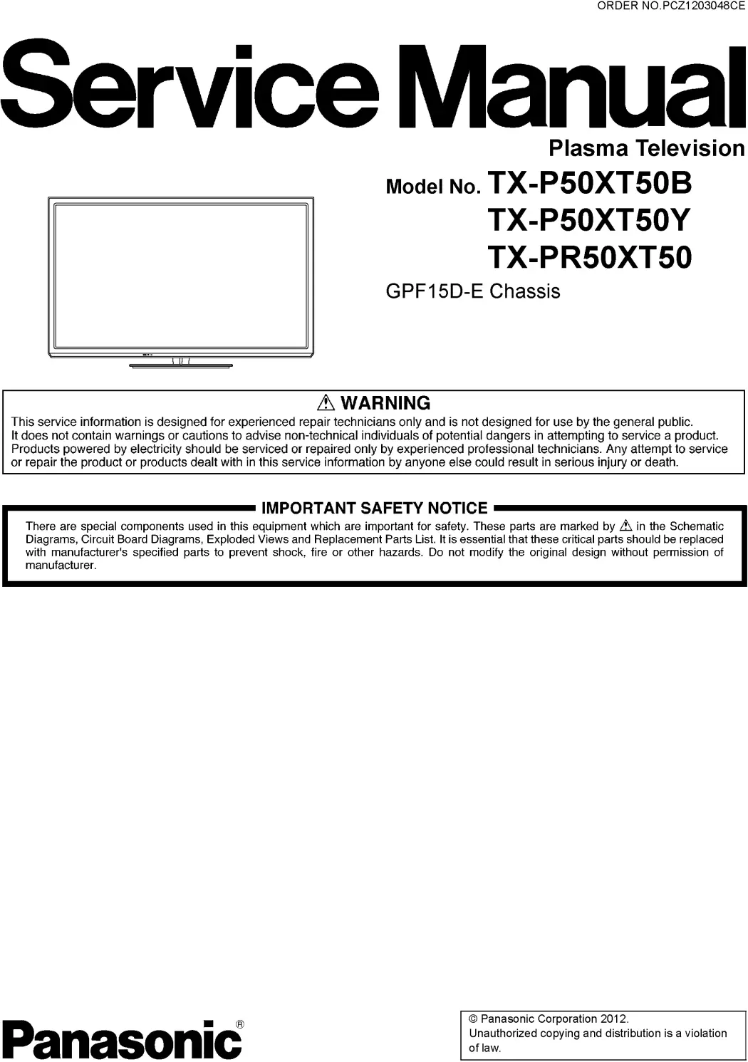 Panasonic tx p50xt50y service manual cover with photo of the television, TV type, chassis code, model code, creation date and document number