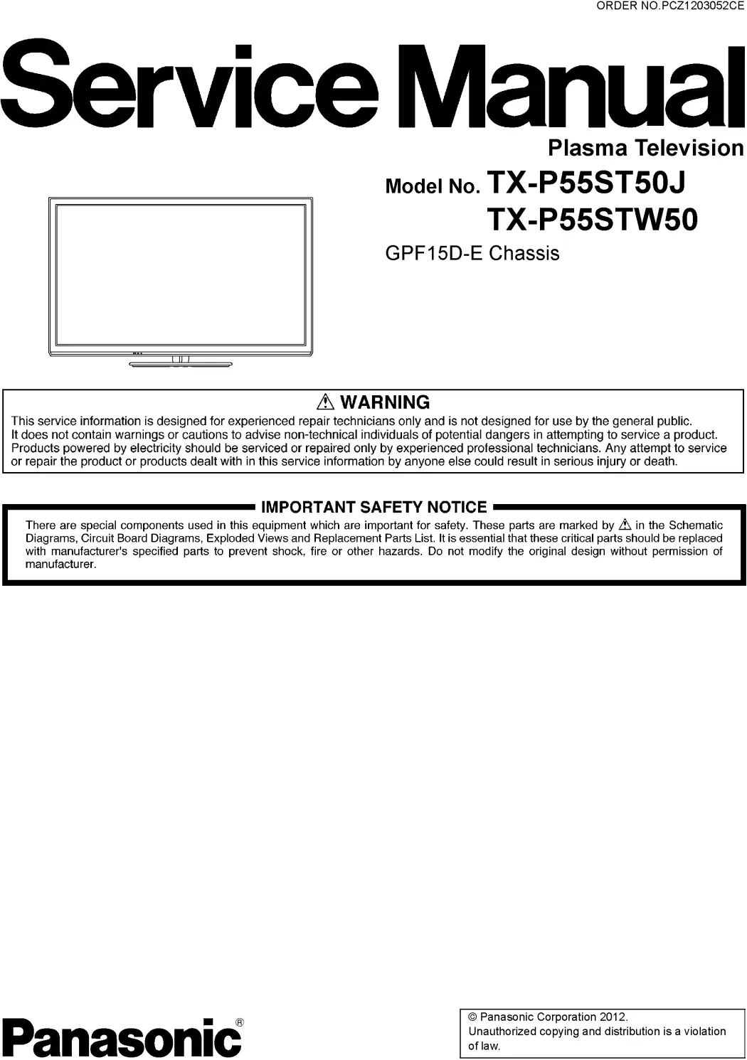 Panasonic tx p55st50j service manual cover with photo of the television, TV type, chassis code, model code, creation date and document number