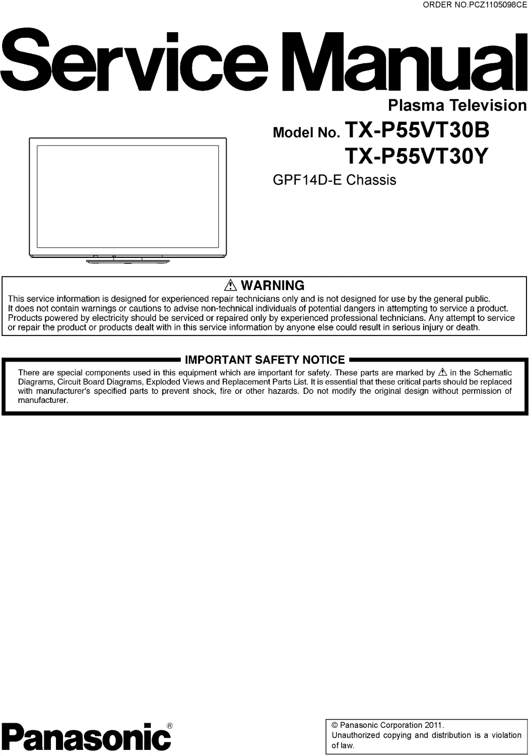 Panasonic tx p55vt30b service manual cover with photo of the television, TV type, chassis code, model code, creation date and document number