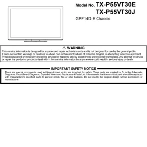 Panasonic tx p55vt30e service manual cover with photo of the television, TV type, chassis code, model code, creation date and document number