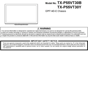 Panasonic tx p55vt30y service manual cover with photo of the television, TV type, chassis code, model code, creation date and document number