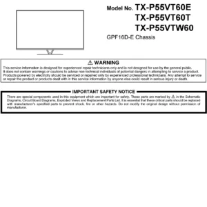 Panasonic tx p55vt60e service manual cover with photo of the television, TV type, chassis code, model code, creation date and document number