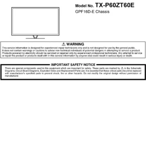 Panasonic tx p60zt60e service manual cover with photo of the television, TV type, chassis code, model code, creation date and document number