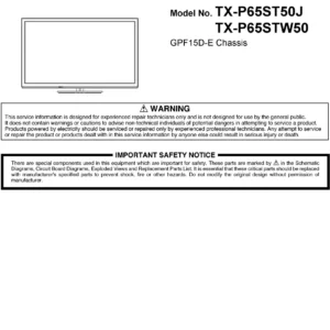 Panasonic tx p65stw50 service manual cover with photo of the television, TV type, chassis code, model code, creation date and document number