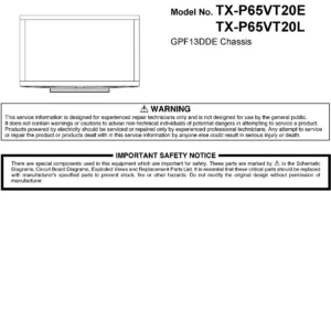 Panasonic tx p65vt20e service manual cover with photo of the television, TV type, chassis code, model code, creation date and document number
