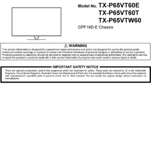Panasonic tx p65vtw60 service manual cover with photo of the television, TV type, chassis code, model code, creation date and document number