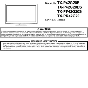 Panasonic tx pf42g20s service manual cover with photo of the television, TV type, chassis code, model code, creation date and document number