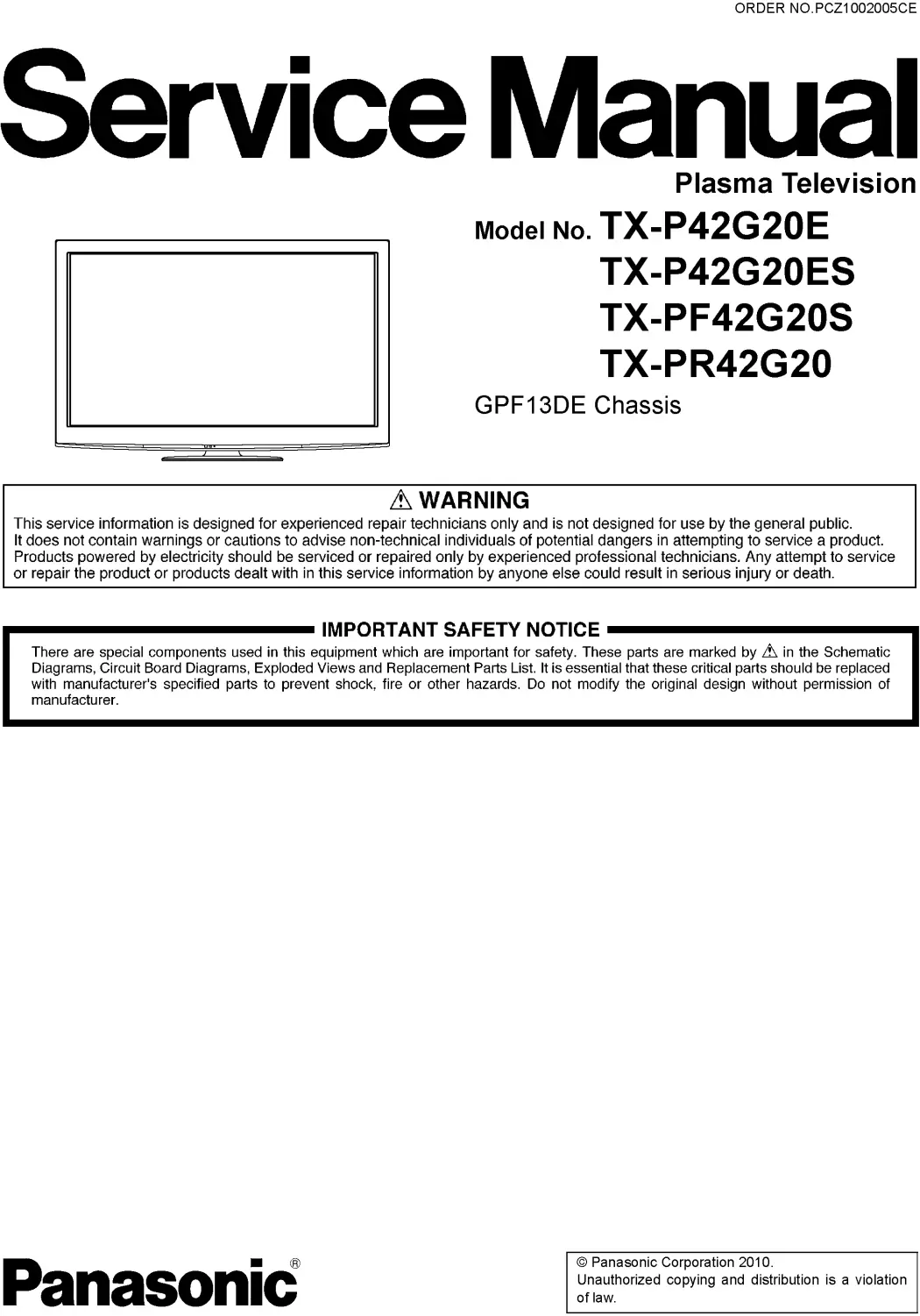 Panasonic tx pf42g20s service manual cover with photo of the television, TV type, chassis code, model code, creation date and document number