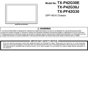 Panasonic tx pf42g30 service manual cover with photo of the television, TV type, chassis code, model code, creation date and document number