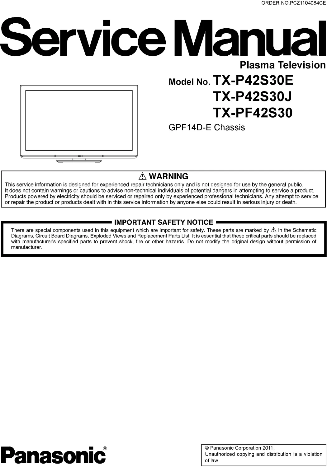 Panasonic tx pf42s30 service manual cover with photo of the television, TV type, chassis code, model code, creation date and document number
