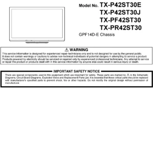 Panasonic tx pf42st30 service manual cover with photo of the television, TV type, chassis code, model code, creation date and document number