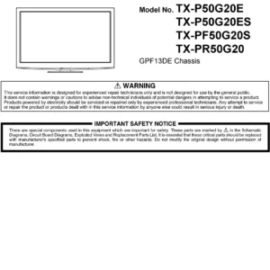 Panasonic tx pf50g20s service manual cover with photo of the television, TV type, chassis code, model code, creation date and document number