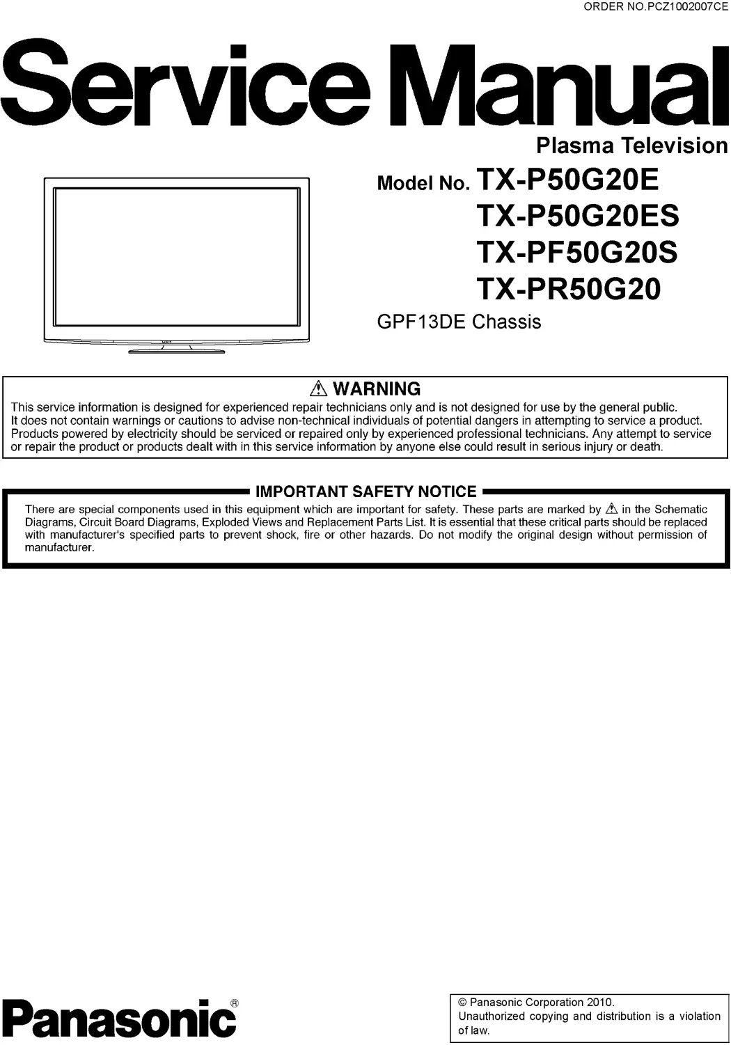 Panasonic tx pf50g20s service manual cover with photo of the television, TV type, chassis code, model code, creation date and document number