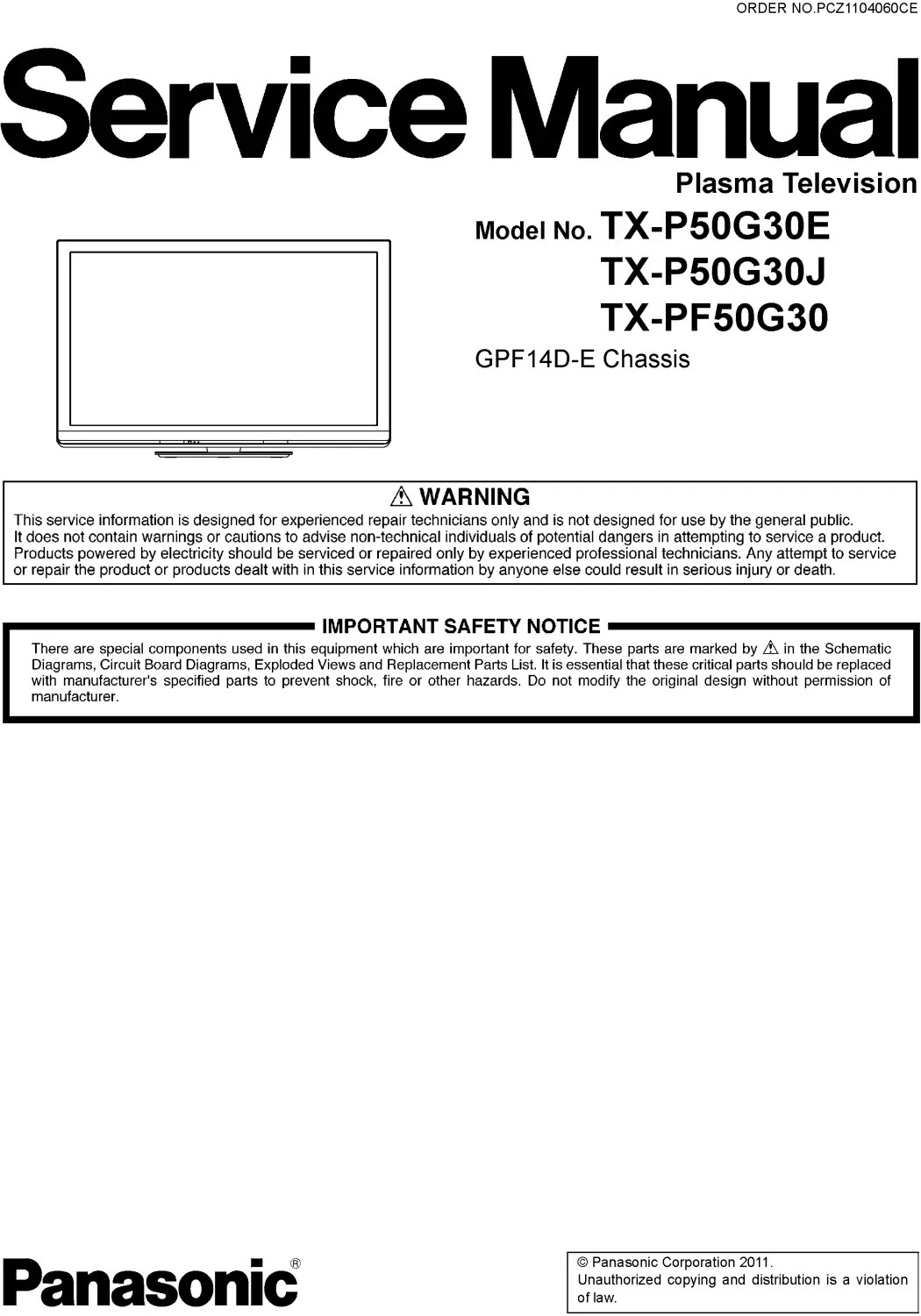 Panasonic tx pf50g30 service manual cover with photo of the television, TV type, chassis code, model code, creation date and document number