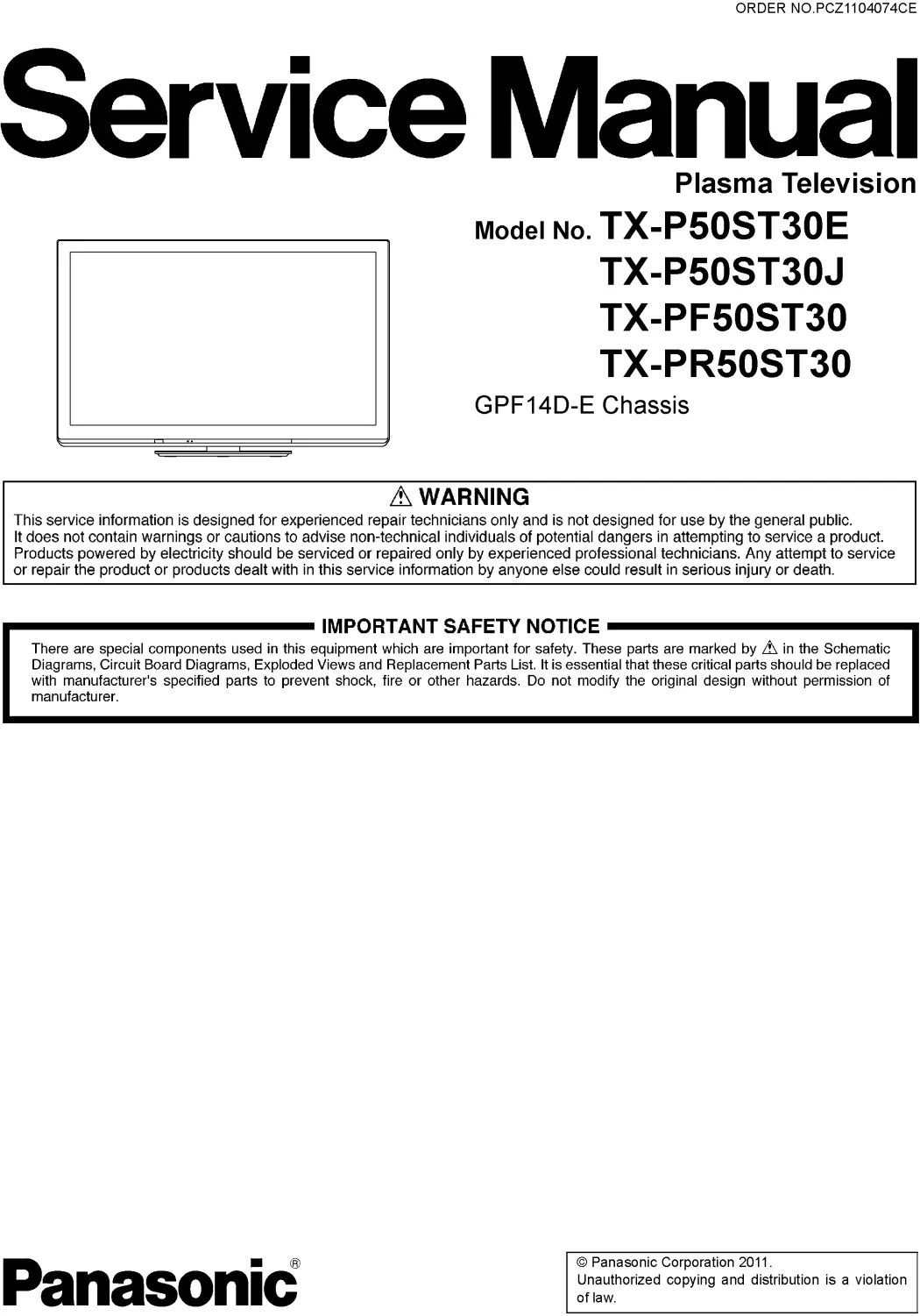 Panasonic tx pf50st30 service manual cover with photo of the television, TV type, chassis code, model code, creation date and document number