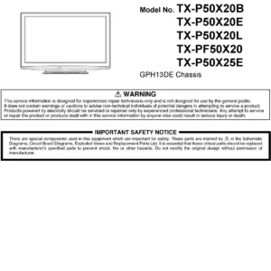 Panasonic tx pf50x20 service manual cover with photo of the television, TV type, chassis code, model code, creation date and document number