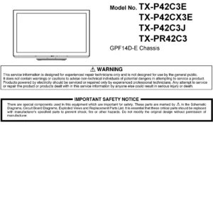 Panasonic tx pr42c3 service manual cover with photo of the television, TV type, chassis code, model code, creation date and document number