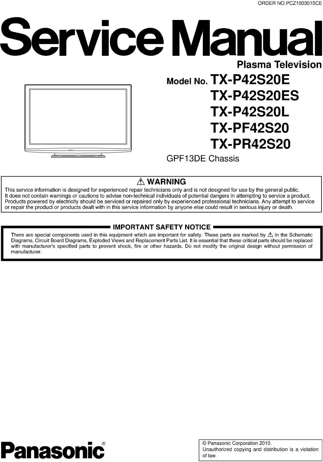 Panasonic tx pr42s20 pf42s20 pr42s20 service manual cover with photo of the television, TV type, chassis code, model code, creation date and document number