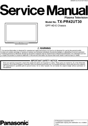 Panasonic tx pr42ut30 service manual cover with photo of the television, TV type, chassis code, model code, creation date and document number