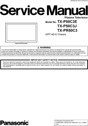 Panasonic tx pr50c3 service manual cover with photo of the television, TV type, chassis code, model code, creation date and document number