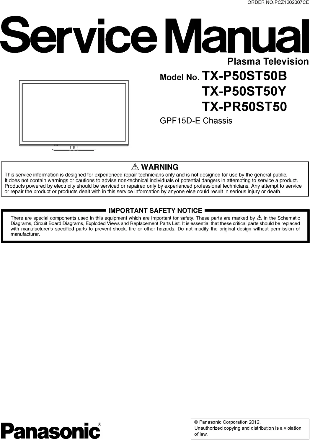Panasonic tx pr50st50 service manual cover with photo of the television, TV type, chassis code, model code, creation date and document number