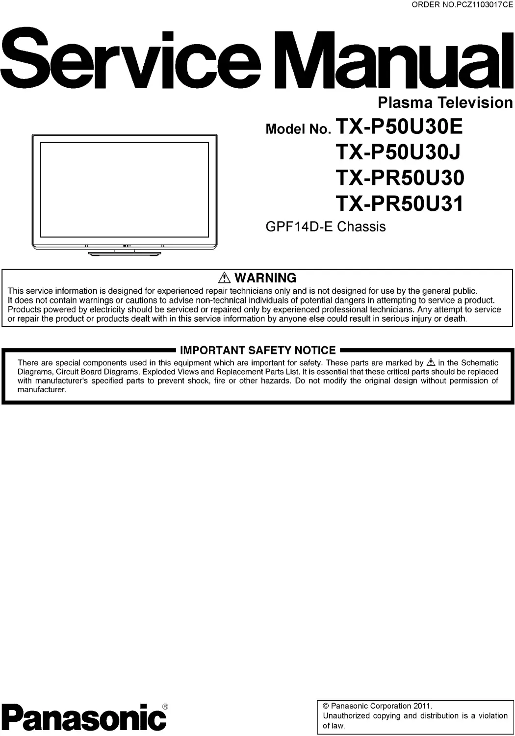 Panasonic tx pr50u31 pr50u30 service manual cover with photo of the television, TV type, chassis code, model code, creation date and document number