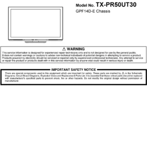 Panasonic tx pr50ut30 service manual cover with photo of the television, TV type, chassis code, model code, creation date and document number