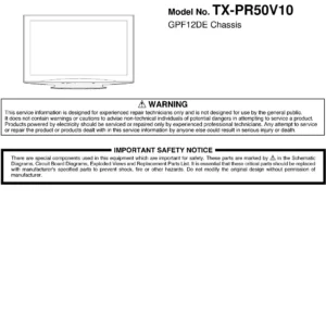 Panasonic tx pr50v10 service manual cover with photo of the television, TV type, chassis code, model code, creation date and document number