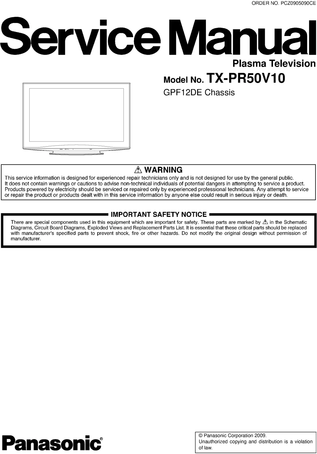 Panasonic tx pr50v10 service manual cover with photo of the television, TV type, chassis code, model code, creation date and document number