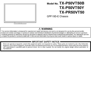 Panasonic tx pr50vt50 service manual cover with photo of the television, TV type, chassis code, model code, creation date and document number