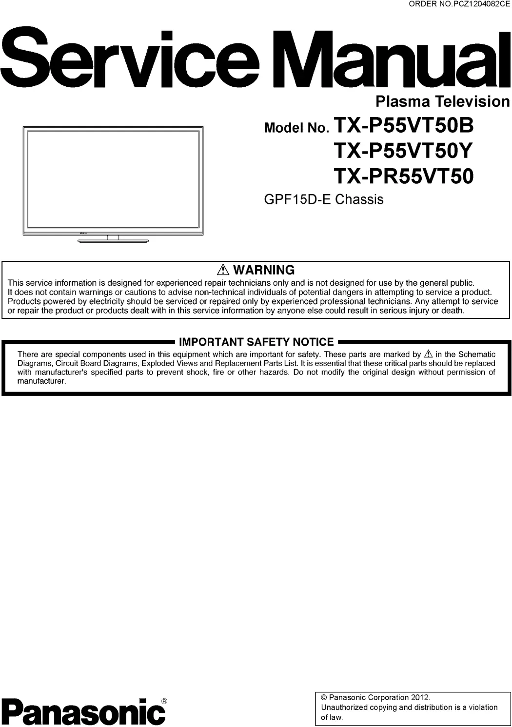 Panasonic tx pr55vt50 service manual cover with photo of the television, TV type, chassis code, model code, creation date and document number