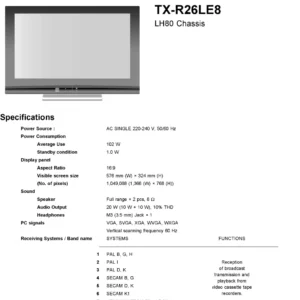 Panasonic tx r26le8 service manual cover with photo of the television, TV type, chassis code, model code, creation date and document number