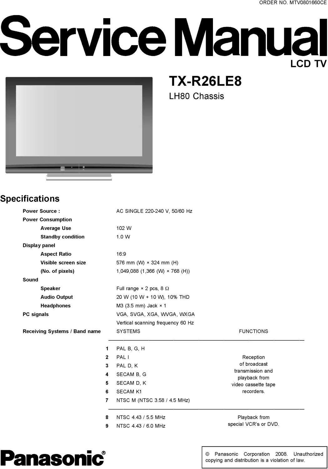 Panasonic tx r26le8 service manual cover with photo of the television, TV type, chassis code, model code, creation date and document number