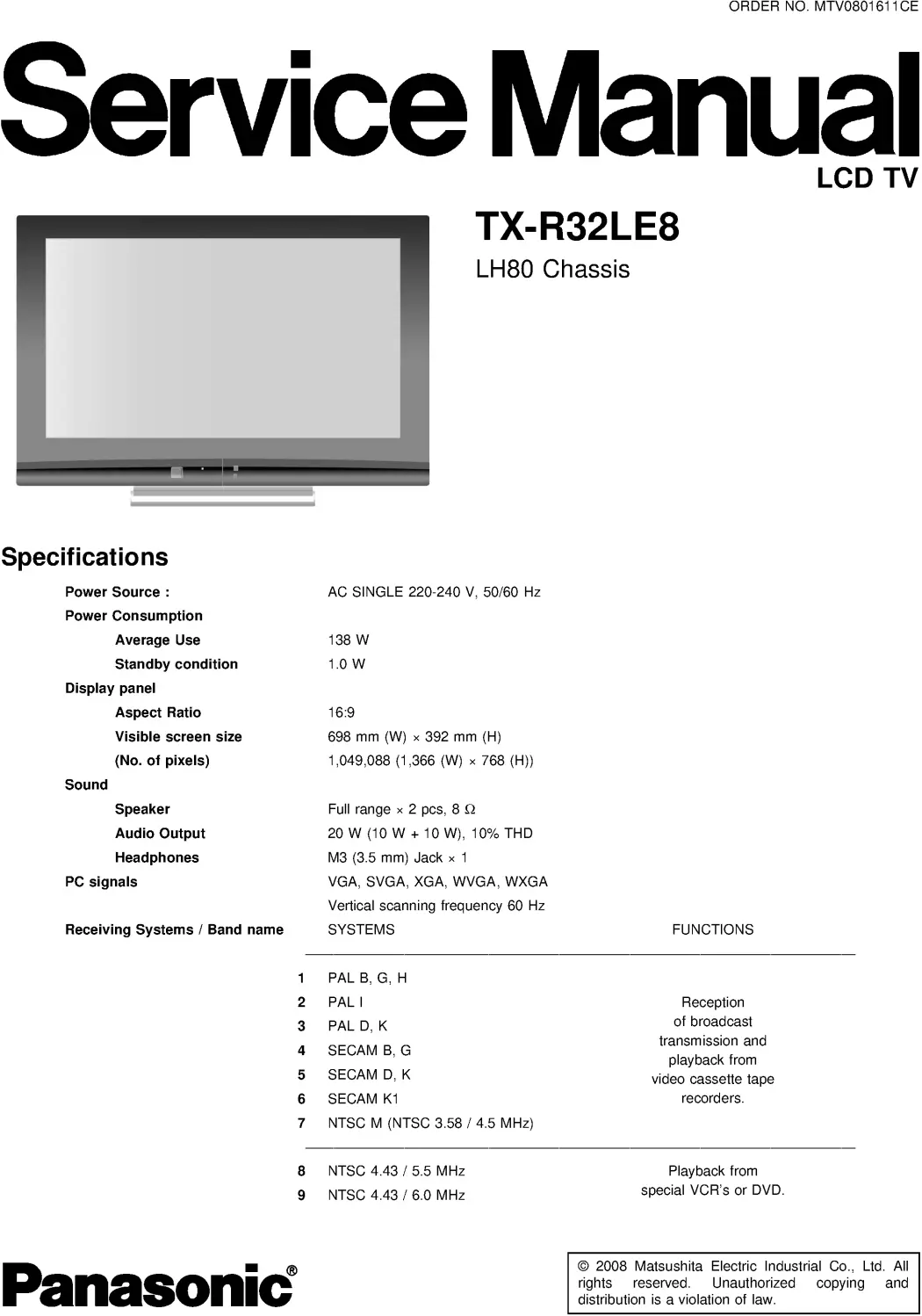 Panasonic tx r32le8 service manual cover with photo of the television, TV type, chassis code, model code, creation date and document number