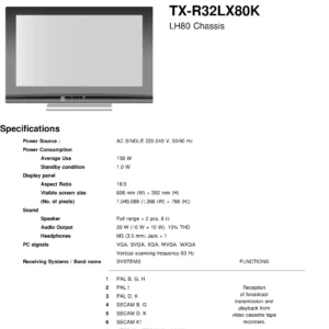 Panasonic tx r32lx80k service manual cover with photo of the television, TV type, chassis code, model code, creation date and document number