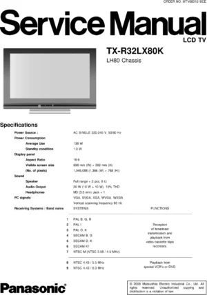 Panasonic tx r32lx80k service manual cover with photo of the television, TV type, chassis code, model code, creation date and document number