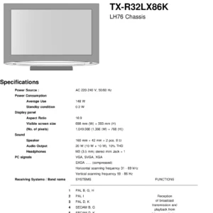 Panasonic tx r32lx86k service manual cover with photo of the television, TV type, chassis code, model code, creation date and document number