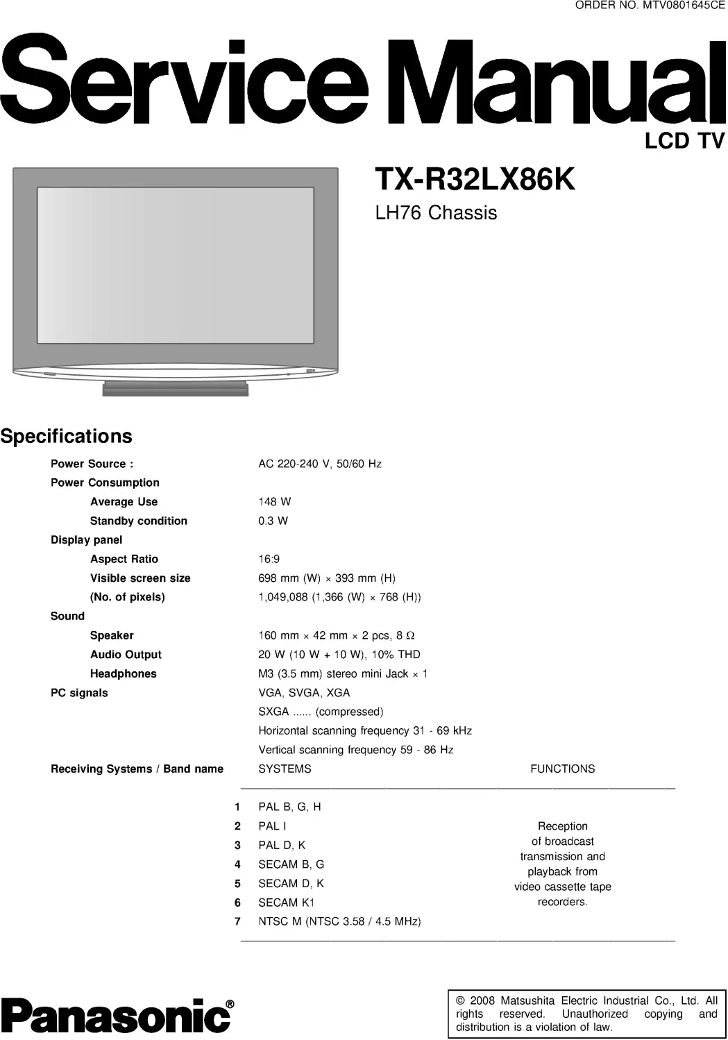 Panasonic tx r32lx86k service manual cover with photo of the television, TV type, chassis code, model code, creation date and document number