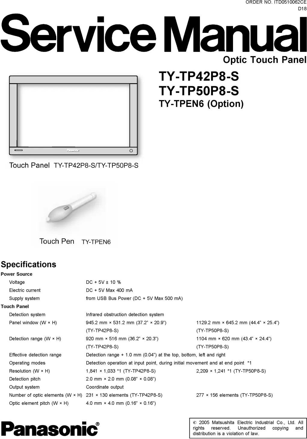 Panasonic ty tp42p8 tp50p8 service manual cover with photo of the television, TV type, chassis code, model code, creation date and document number