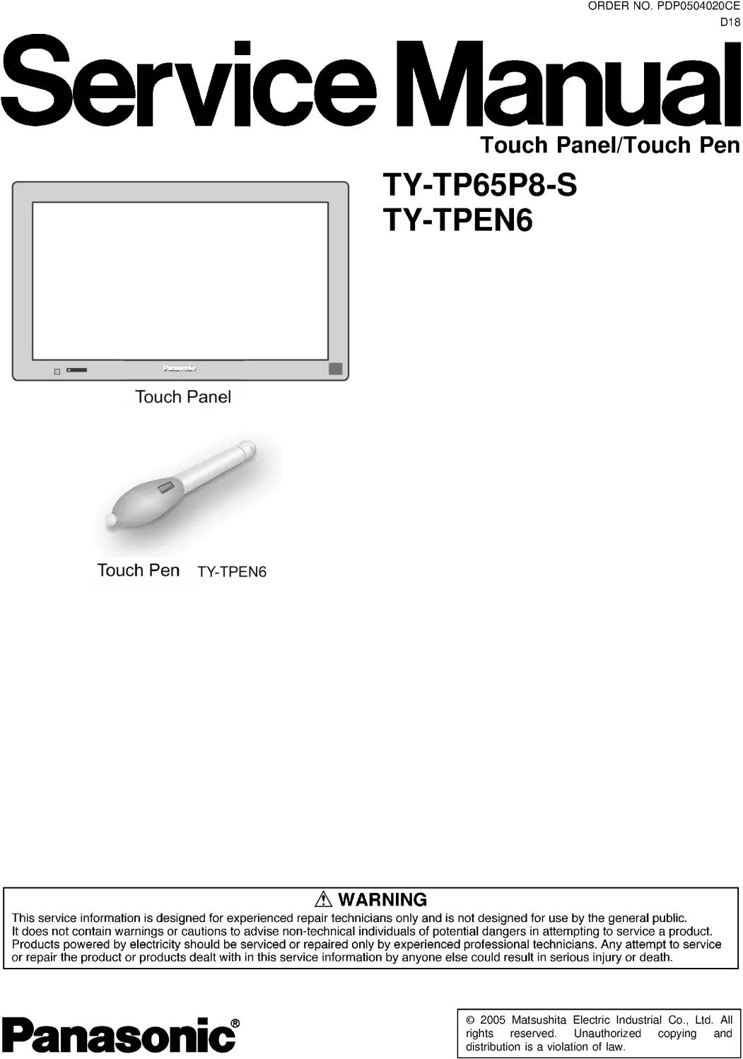 Panasonic ty tp65p8 tpen6 service manual cover with photo of the television, TV type, chassis code, model code, creation date and document number