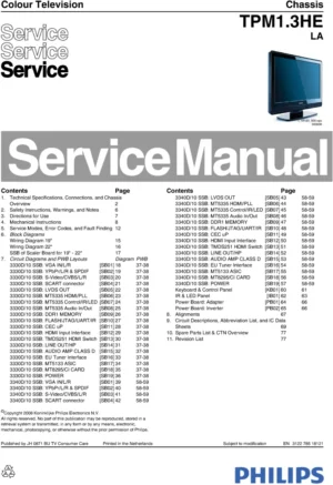Philips 19hfl3330d 22hfl3330d service manual cover with photo of the television, TV type, chassis code, model code, creation date and document number