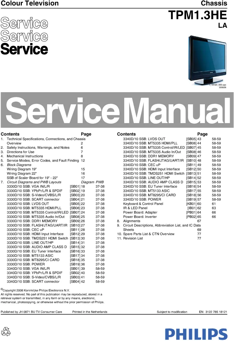 Philips 19hfl3330d 22hfl3330d service manual cover with photo of the television, TV type, chassis code, model code, creation date and document number