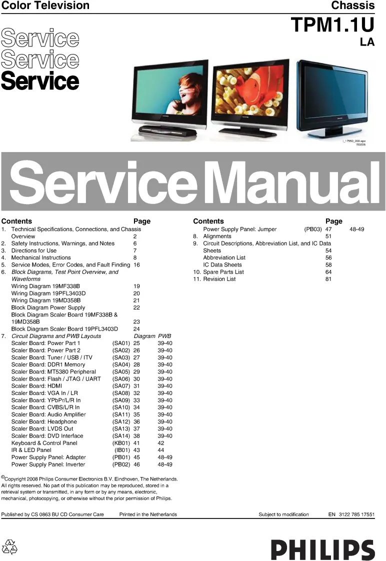 Philips 19mf338b 19pfl3403d 19md358b service manual cover with photo of the television, TV type, chassis code, model code, creation date and document number