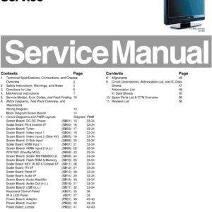 Philips 19pfl3403 service manual cover with photo of the television, TV type, chassis code, model code, creation date and document number