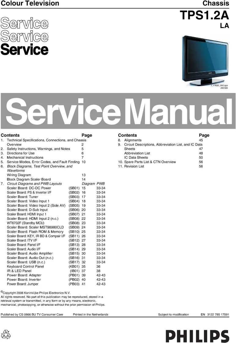 Philips 19pfl3403 service manual cover with photo of the television, TV type, chassis code, model code, creation date and document number